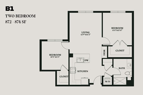 Floor plan for 2 beds, 1 bath, 874 sqft